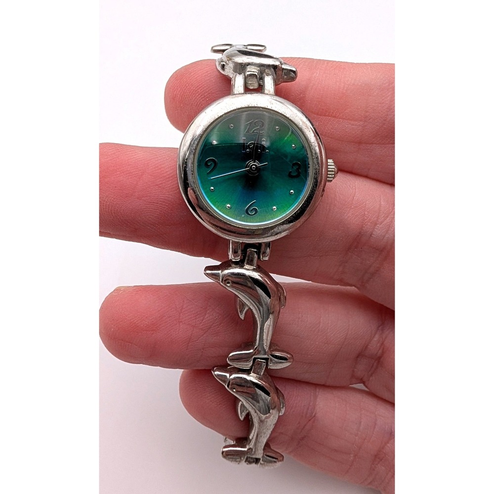 Lorus Womens Dolphin Link Bracelet Watch Silver Tone Blue Teal Ombre Dial